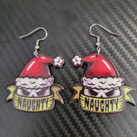 Naughty creepy Santa acrylic Christmas  earrings, double sided pattern - Picture 1 of 3